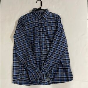 Claiborne Men's Blue and Black Plaid Shirt Size Large 100% Cotton